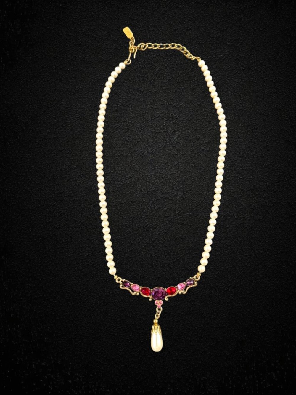 Vintage 1928 Faux Pearl Pink Purple Rhinestone Drop Necklace Gold Tone Dangle